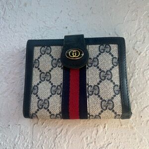 Gucci vintage Monogram Wallet with Red and navy Blue Stripe accessory collection
